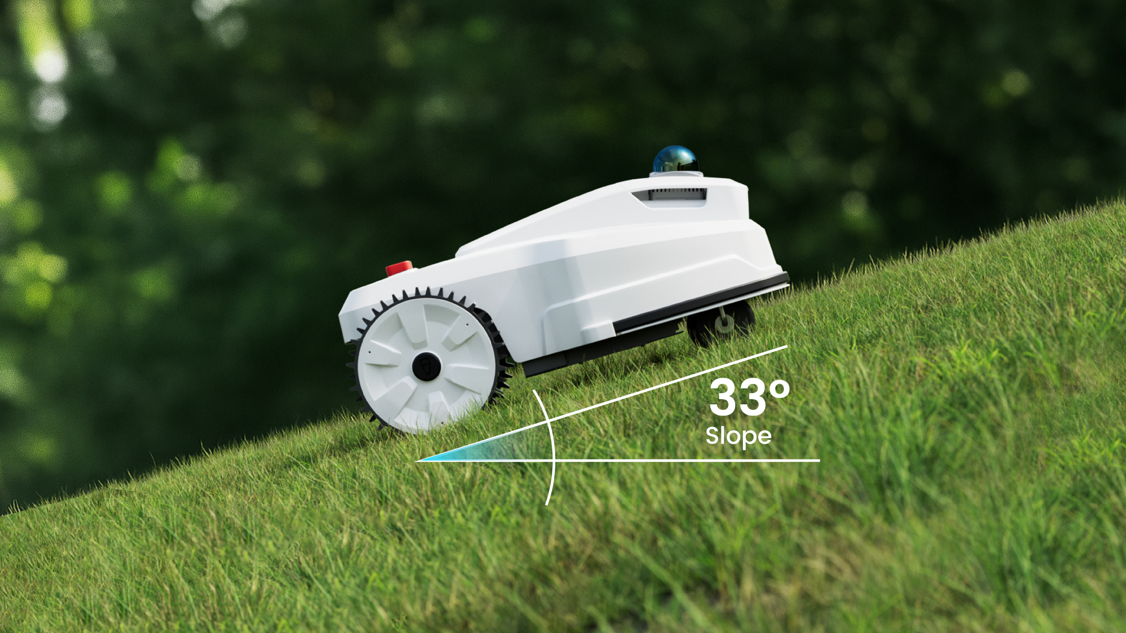 Robotic lawn mower on a grassy slope with a digital display showing '33° Slope'.