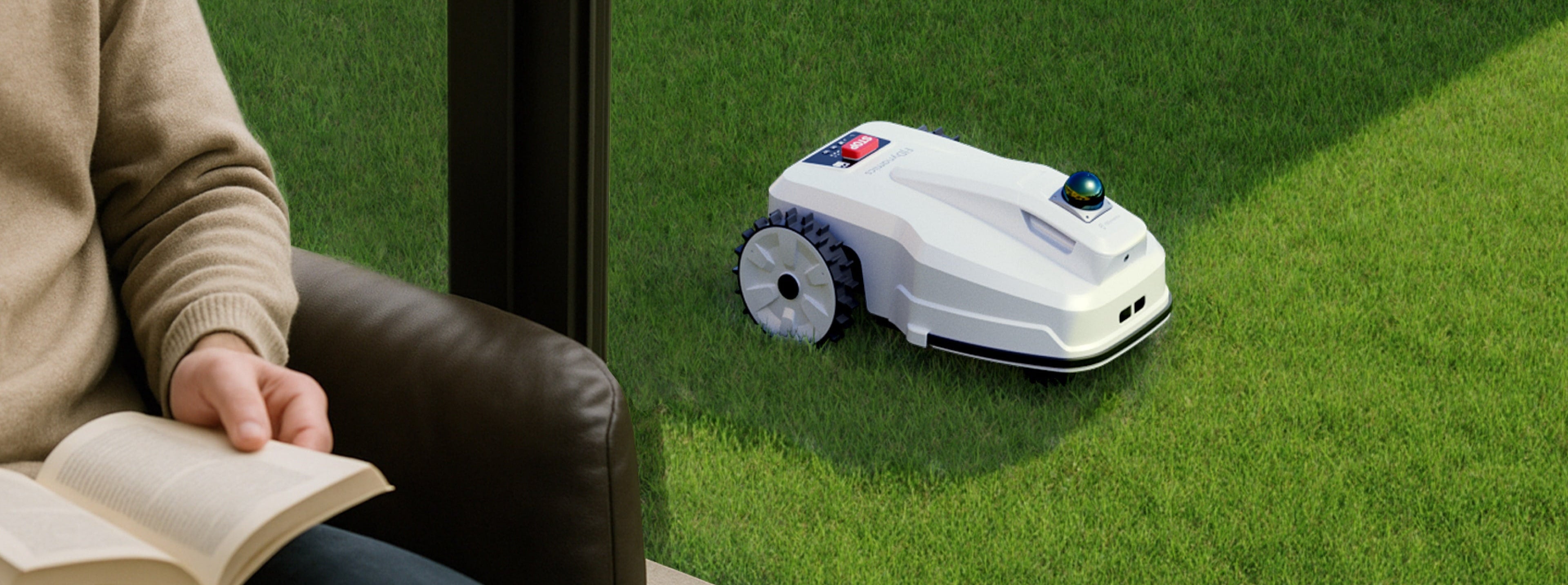 Robot lawn mower on a green lawn.